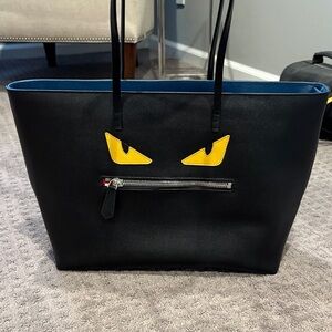 Copy Fendi Black Tote Bag with Yellow Eyes and Zipper